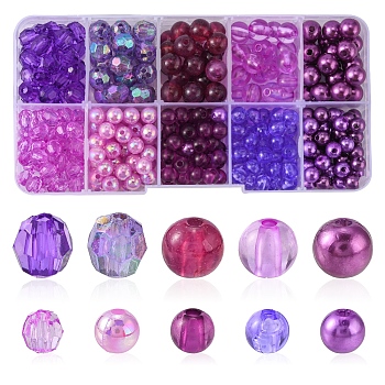 375Pcs 10 Style Round Transparent & Imitation Pearl Acrylic Beads, Mixed Color, 6~8x5~8mm, Hole: 1.5~2mm