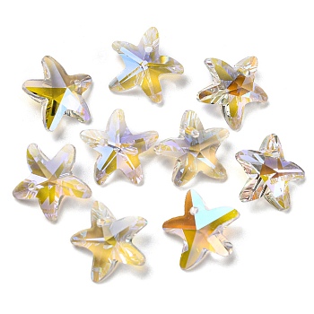 Faceted Glass Charms, Starfish, Clear AB, 14x15x7mm, Hole: 1.4mm