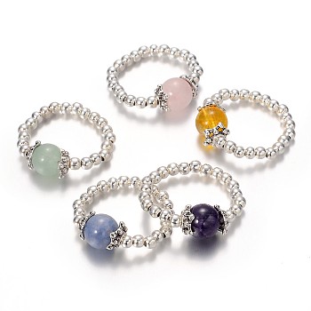 Platinum Tone Iron Bead Natural Mixed Stone Stretch Finger Rings, with Tibetan Style Bead Caps, 16mm