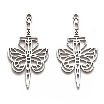 Non-Tarnish 304 Stainless Steel Pendants, Laser Cut, Sword with Butterfly Charm, Stainless Steel Color, 43x22.5x1.5mm, Hole: 1.8mm