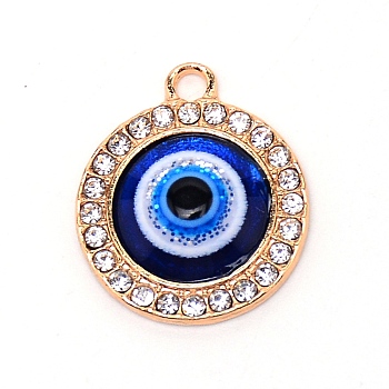 Zinc Alloy Big Pendants, with Resin and Rhinestone, Flat Round with Evil Eyes, Light Gold, 22x18.5x5mm, Hole: 2mm