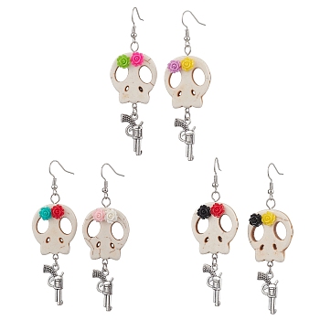 Halloween Theme Brass Dangle Earrings, Alloy Gun & Skull with Flower Tassel Earrings for Women, Mixed Color, 76x25mm, 3 pairs/set