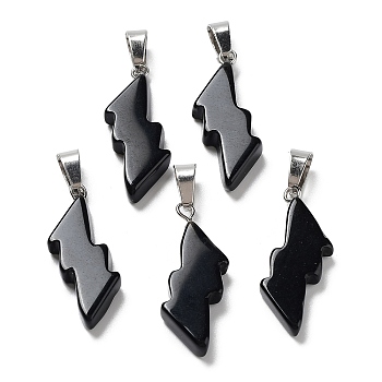 Natural Obsidian Pendants, Lightning Bolt Charms with Stainless Steel Color Plated 201 Stainless Steel Snap on Bails, 31~33x13~14x5mm, Hole: 7.5x4.5mm
