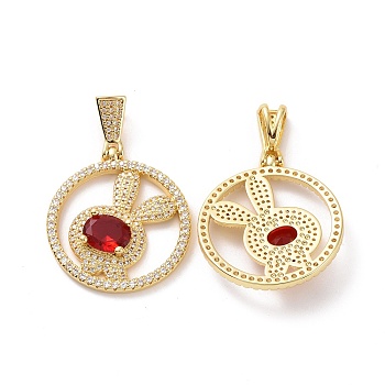 Brass Micro Pave Cubic Zirconia Pendants, Round Ring with Rabbit Charms, Golden, Red, 33.5x30x5mm, Hole: 4x8mm
