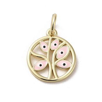 Brass Enamel Charms, with Jump Ring, Real 18K Gold Plated, Flat Round with Tree & Evil Eye Charm, Pink, 15x13.5x1.4mm, Hole: 3.6mm
