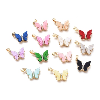 Brass Micro Pave Clear Cubic Zirconia Pendants, with Resin, Long-Lasting Plated, Butterfly Shape, Golden, Mixed Color, 17x21x3.5mm, Hole: 5.5x3mm