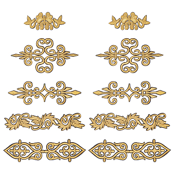 10Pcs 5 Style Ethnic Style Polyester Metallic Thread Embroidery Iron on Applique Patch, Sewing Craft Decoration, Gold, 40~80x95~200x1.5~2mm, 2pcs/style