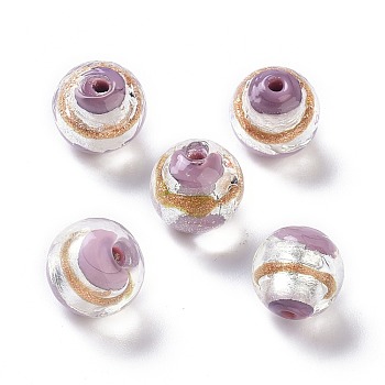 Handmade Silver Foil Lampwork Beads, with Gold Sand, Round, Thistle, 12x11mm, Hole: 1.8mm