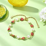 Adjustable Brass Enamel Slider Bracelets, Link Chain Bracelets for Woman, Strawberry, with Shell Pearl Beads, Real 18K Gold Plated, Inner Diameter: 1.93~3.31 inch(4.9~8.4cm)(BJEW-JB13841)