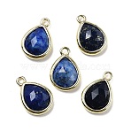 Natural Dyed Lapis Lazuli Faceted Pendants, Rack Plating Golden Plated Brass Teardrop Charms, 14x9.5x4mm, Hole: 1.4mm(G-U019-05G-07)
