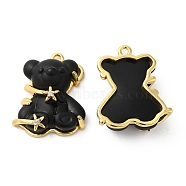 Opaque Resin Crystal Rhinestone Pendants, Bear Charms, with Rack Plating Real 18K Gold Plated Brass Findings, Long-Lasting Plated, Cadmium Free & Lead Free, Black, 23.5x20.5x9mm, Hole: 1.6mm(KK-H438-04G-09)