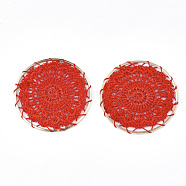 Polyester Woven Pendant Decorations, with Iron Findings, Flat Round, Light Gold, Red, 46x1.5mm(FIND-S283-03D)