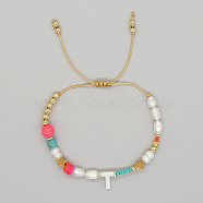 Initial Letter Natural Pearl Braided Bead Bracelet, Adjustable Bracelet, Letter T, 11 inch(28cm)(LO8834-20)