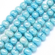 Natural Cultured Freshwater Pearl Beads Strands, Dyed, Potato, Cyan, 8~9x7~8mm, Hole: 0.8mm, about 49pcs/strand, 14.5 inch(37cm)(PEAR-G004-10-01)