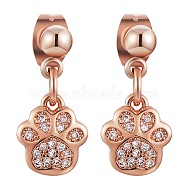 Clear Cubic Zirconia Cat Paw Print Dangle Stud Earrings, Brass Drop Earrings with Iron Pin for Women, Rose Gold, 17mm, Pin: 0.8mm(EJEW-SW00011-16)