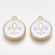 Brass Charms, with Enamel, Flat Round with  Fleur De Lis, Creamy White, Nickel Free, Real 18K Gold Plated, 14x12x2mm, Hole: 1.2mm(KK-S350-007G)