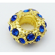 Alloy Rhinestone European Beads, Large Hole Beads, Rondelle, Golden Metal Color, Sapphire, 11x5.5mm, Hole: 5mm(CPDL-H011-1)