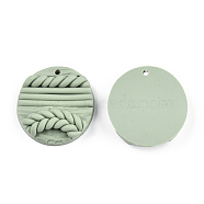 Handmade Polymer Clay Pendants, Flat Round with Leaf, Dark Sea Green, 30x7.5~8mm, Hole: 1.8mm(CLAY-N010-092B)