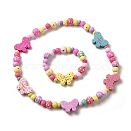 Maple Wood & Acrylic Jewelry Set, Beaded Necklace & Stretch Bracelet for Kids, Butterfly, Bracelet: Inner Diameter: 1-3/4 inch(4.3cm), Necklace: 16-7/8 inch(43cm) (SJEW-C003-02A)