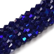 Opaque Solid Color Imitation Jade Glass Beads Strands, AB Color Plated, Faceted, Bicone, Dark Blue, 4x4mm, Hole: 0.8mm, about 87~98pcs/strand, 12.76~14.61 inch(32.4~37.1cm)(GLAA-F029-P4mm-D10)