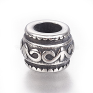 304 Stainless Steel Beads, Drum, Antique Silver, 12x9mm, Hole: 6mm(STAS-F212-052AS)