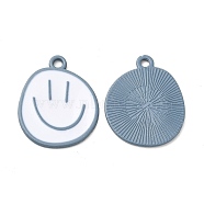 Spray Painted Alloy Pendants, Cadmium Free & Nickel Free & Lead Free, Flat Round with Smiling Face Pattern Charm, Steel Blue, 25x20x1.5mm, Hole: 2mm(FIND-C016-01B)