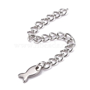 304 Stainless Steel Chain Extender, Curb Chain, with 202 Stainless Steel Charms, Fish, Stainless Steel Color, 60~65mm, Link: 3.7x3x0.5mm; Fish: 8x3.8x1mm(STAS-F268-52P)
