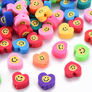 Handmade Polymer Clay Beads, for DIY Jewelry Crafts Supplies, Heart with Smile Face, Mixed Color, 8~9x9~10x4~5mm, Hole: 1.6mm(X-CLAY-N008-017)