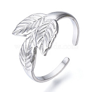 304 Stainless Steel Leaf Open Cuff Ring for Women, Stainless Steel Color, US Size 8 3/4(18.7mm)(RJEW-N040-26)