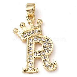 Rack Plating Brass Micro Pave Cubic Zirconia Pendants, Long-Lasting Plated, Lead Free & Cadmium Free, Real 18K Gold Plated, Letter R, 22~24x12~22x2mm, Hole: 3x4mm(KK-D535-01R-RS)