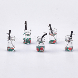 Glass Bottle Pendants, with Resin, Plastic and Iron Findings, Fruit Tea Charms, Platinum, Green, 25~28x10mm, Hole: 1.8mm(CRES-N017-06C)