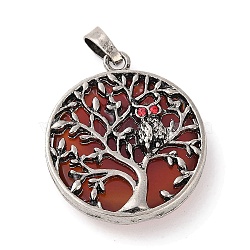 Natural Carnelian(Dyed & Heated) Tree of Life with Owl Pendants, Rack Plating Anstique Silver Plated Alloy Siam Rhinestone Flat Round Charms, Lead Free & Cadmium Free, 31.5x27.5x10~11mm, Hole: 8x4mm(G-L524-15AS-11)