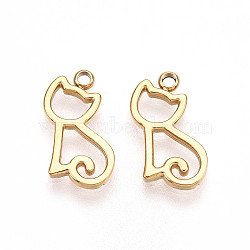 304 Stainless Steel Charms, Laser Cut, Cat Charm, Real 14K Gold Plated, 13.5x10.5x1mm, Hole: 1.4mm(STAS-L022-358G)