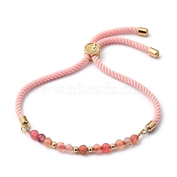 Adjustable Slider Bracelets, Nylon Cord Bracelets, with Natural Agate Beads and Brass Beads, Golden, Inner Diameter: 3/4 inch~3-3/4 inch(2~9.5cm)(BJEW-JB05460-05)