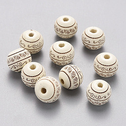 Painted Natural Wood Beads, Laser Engraved Pattern, Round with Leave Pattern, Creamy White, 10x9mm, Hole: 2.5mm(WOOD-N006-02A-04)