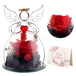 Preserved Flower Rose Gifts in Angel Glass Cover Figurines, with Paper Cards, for Christmas Valentine's Day Gifts, Black, 74x105mm(DJEW-WH0015-35B)