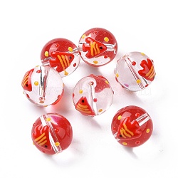 Transparent Glass Beads, with Enamel, Round, Red, Fish Pattern, 11.5~12x11mm, Hole: 1.5~1.6mm(LAMP-B021-03A-08)