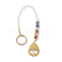201 & 304 Stainless Steel Chakra Theme Teardrop & Eye Pendant Decorates, with Natural Gemstone, Glass Beads and Brass & Iron Findings, Golden, 204mm(PALLOY-JF01199-04)