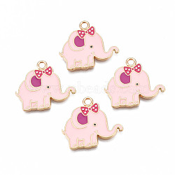 Rack Plating Alloy Enamel Pendants, Cadmium Free & Nickel Free & Lead Free, Elephant, Pink, 20x22.5x1.1mm, Hole: 2mm(ENAM-T011-154A)