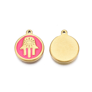 304 Stainless Steel Enamel Pendants, Real 18K Gold Plated, Flat Round with Hamsa Hand, Hot Pink, 18x15x2.5mm, Hole: 1.2mm