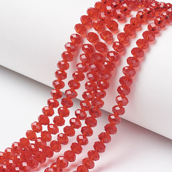 Glass Beads Strands, Faceted, Rondelle, Red, 4x3mm, Hole: 0.4mm, about 113~115pcs/strand, 41~42cm