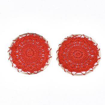 Polyester Woven Pendant Decorations, with Iron Findings, Flat Round, Light Gold, Red, 46x1.5mm