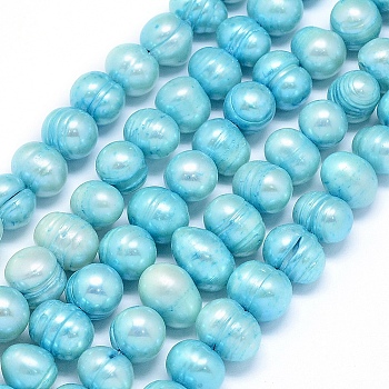 Natural Cultured Freshwater Pearl Beads Strands, Dyed, Potato, Cyan, 8~9x7~8mm, Hole: 0.8mm, about 49pcs/strand, 14.5 inch(37cm)