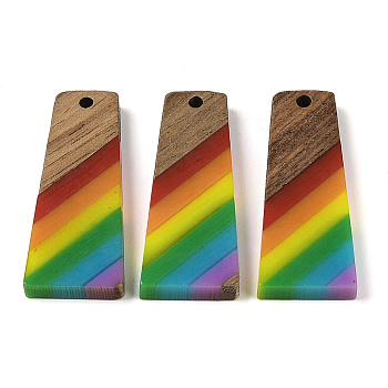 Pride Rainbow Theme Resin & Walnut Wood Pendants, Trapezoid, Colorful, 38x15x3.5mm, Hole: 2mm