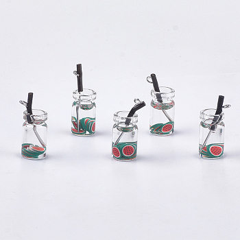 Glass Bottle Pendants, with Resin, Plastic and Iron Findings, Fruit Tea Charms, Platinum, Green, 25~28x10mm, Hole: 1.8mm