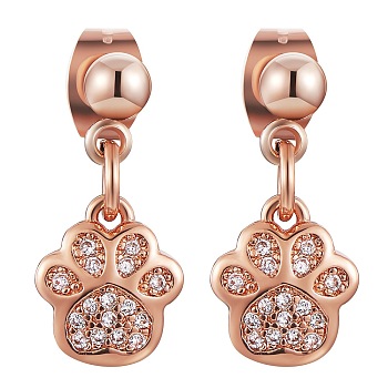 Clear Cubic Zirconia Cat Paw Print Dangle Stud Earrings, Brass Drop Earrings with Iron Pin for Women, Rose Gold, 17mm, Pin: 0.8mm