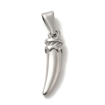 304 Stainless Steel Pendants, Horn Charm, Stainless Steel Color, 23x6x4.5mm, Hole: 3x7.5mm