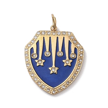 304 Stainless Steel Pendants, with Cubic Zirconica and Enamel, Shield, Star, with Jump Ring, Blue, 26x21.5x2.5mm, Hole: 4mm