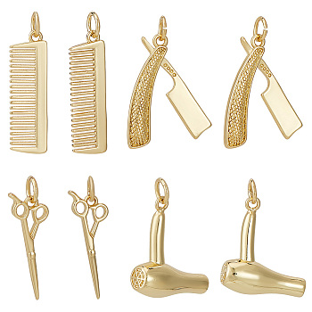 8Pcs 4 Style Brass Pendants, with Jump Rings, Cadmium Free & Lead Free, Long-Lasting Plated, Barber Tools, Real 18K Gold Plated, 18~24x7~17x1~6.5mm, Hole: 3mm, 2pcs/style