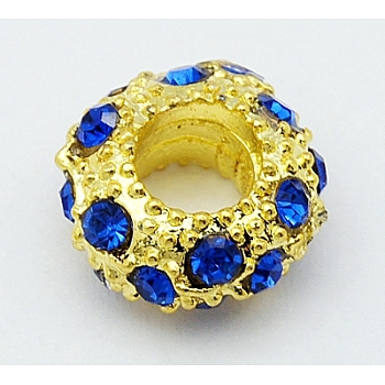 Alloy Rhinestone European Beads, Large Hole Beads, Rondelle, Golden Metal Color, Sapphire, 11x5.5mm, Hole: 5mm